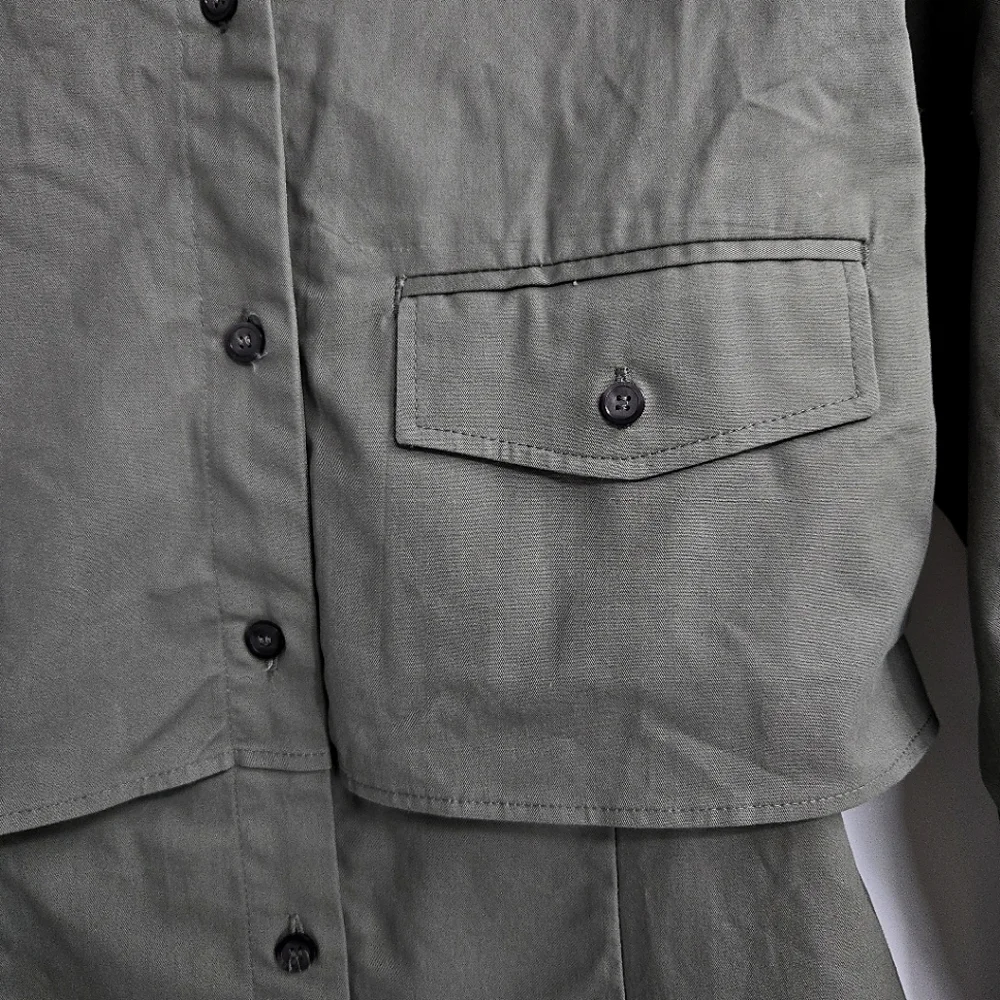 Zara Gabardine Shirt Dress Green Utility Long‎ Sleeves